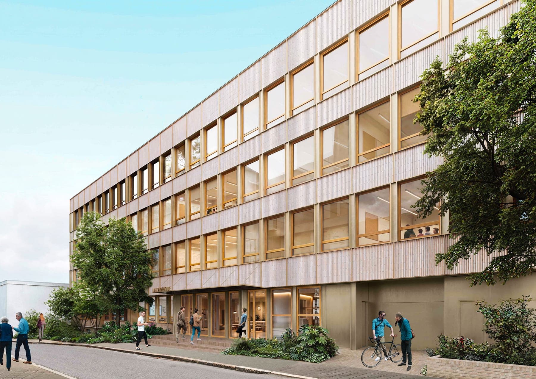 Façade restructurée du Campus Volt, menuiseries bois et parement brique