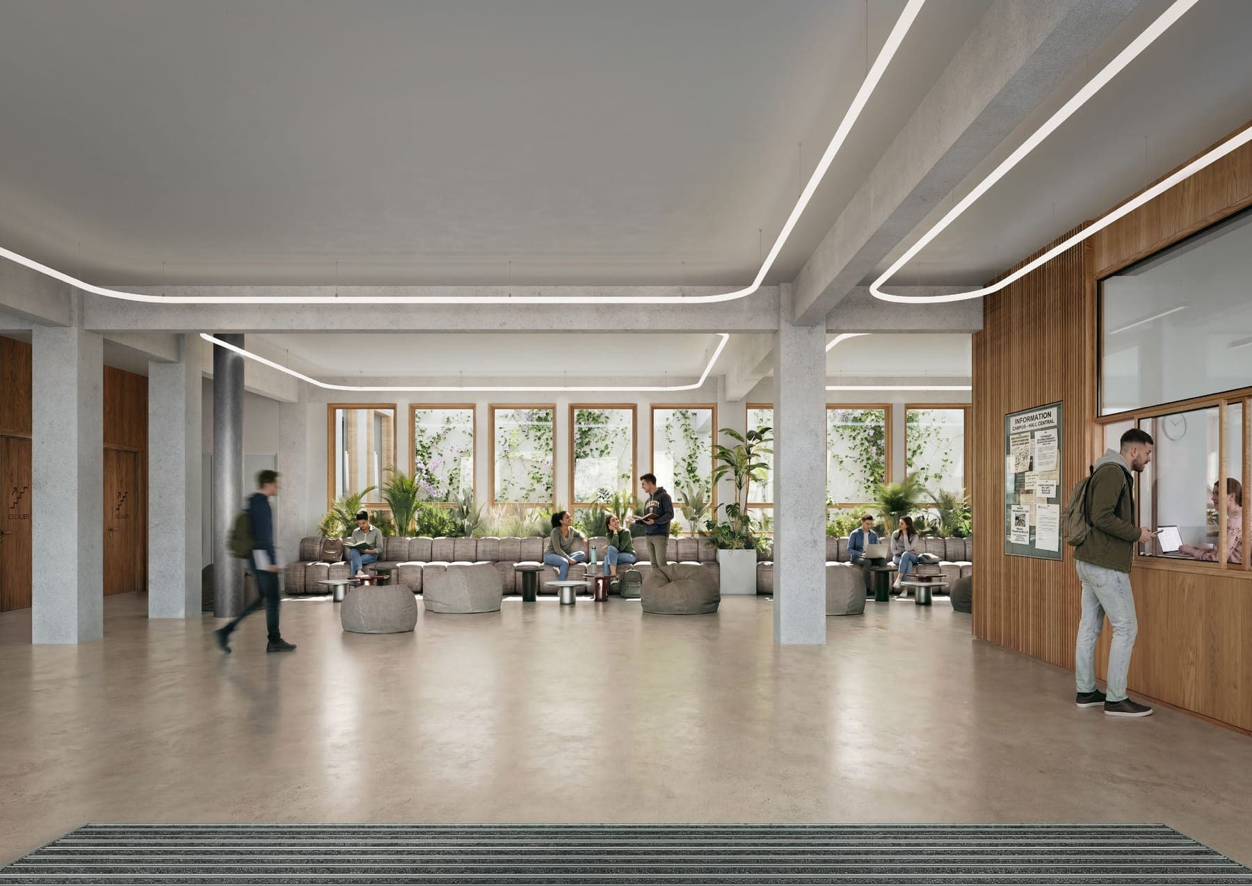 Hall d'accueil du Campus Volt, espace de vie ouvert sur le patio végétalisé