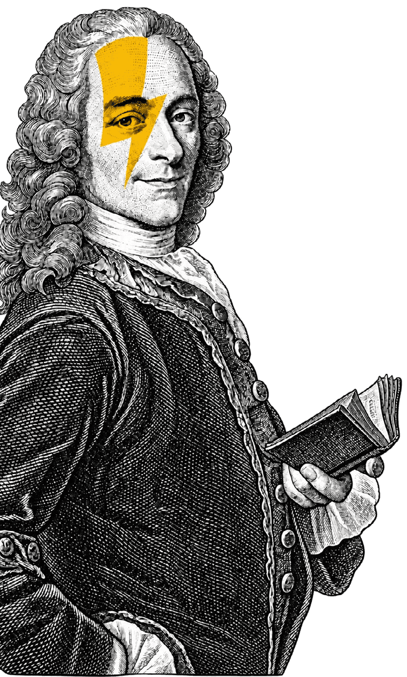 Portrait gravé de Voltaire, un éclair jaune sur le visage